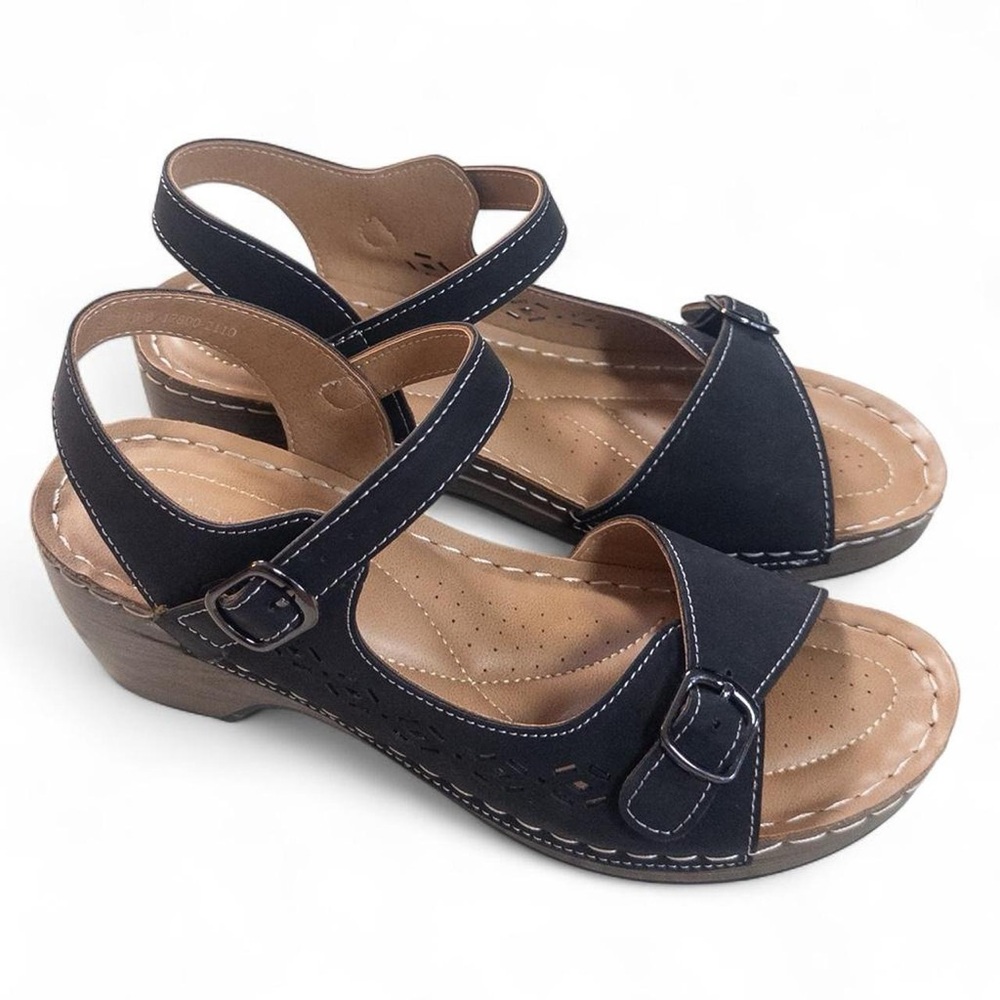 Women's Black Comfort Wedge Sandals - Adjustable Buckle Straps